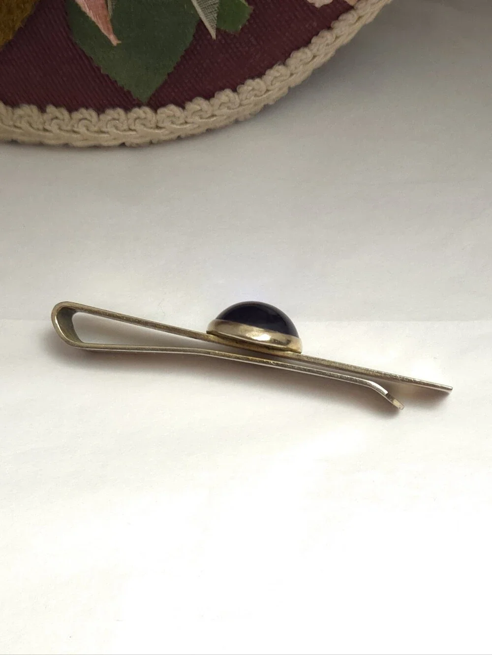 Vintage Gold Plated Cobalt Blue Glass Cabochon Tie Bar Clip or Money Clip